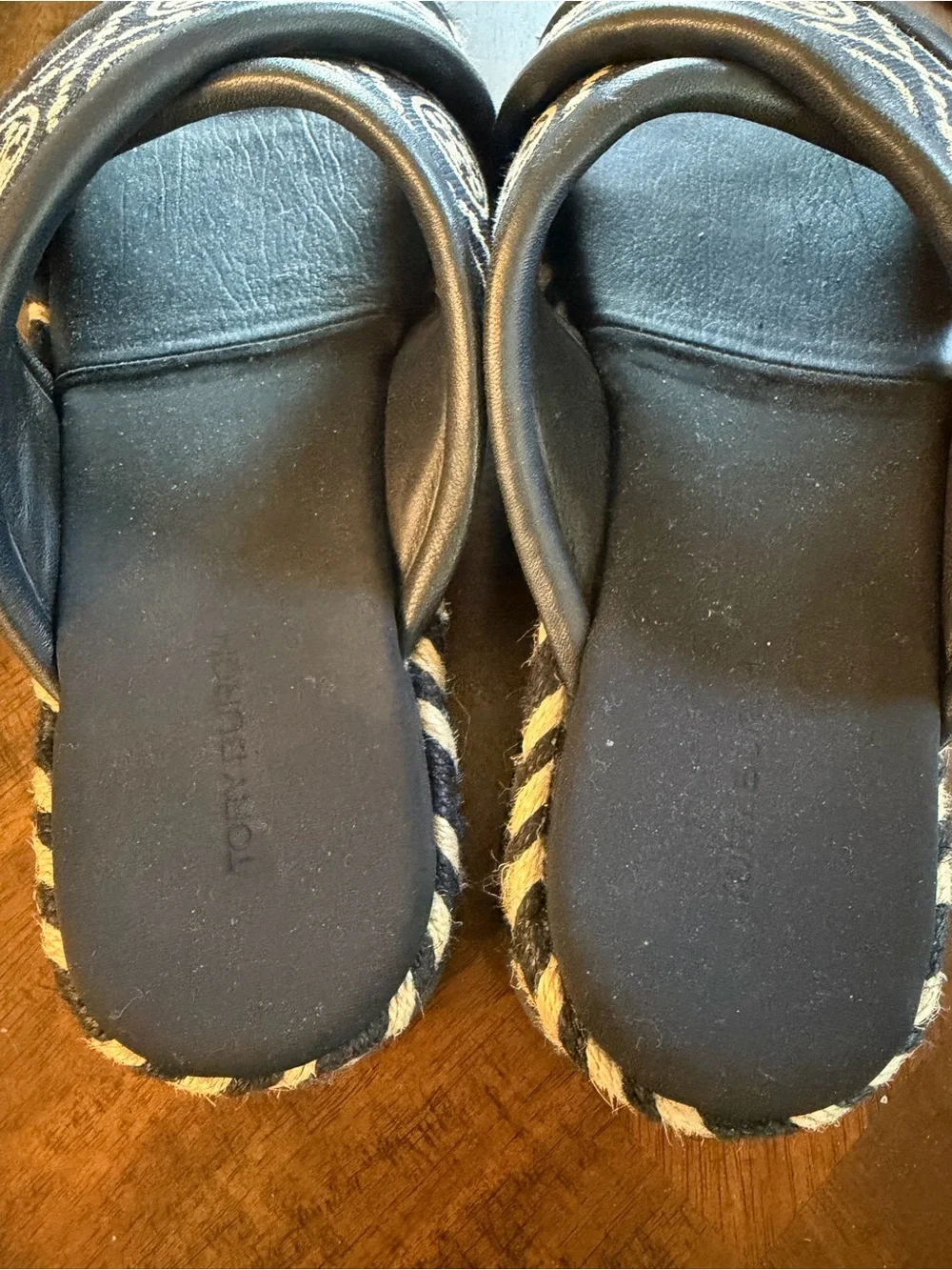 Tory Burch Navy and Ivory Logo Crisscross Espadrille Slides